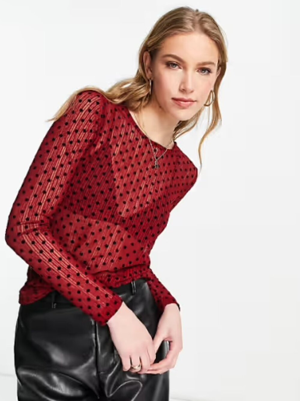 Polka dot mesh top in dark red/burgundy/oxblood